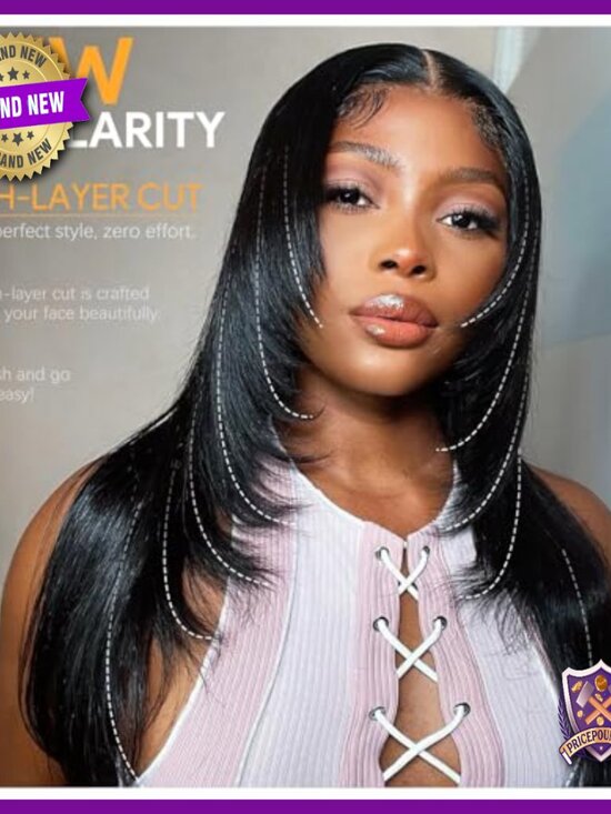 22 Inch Straight Human Hair Wig with HD Lace Front and Bangs main image 5